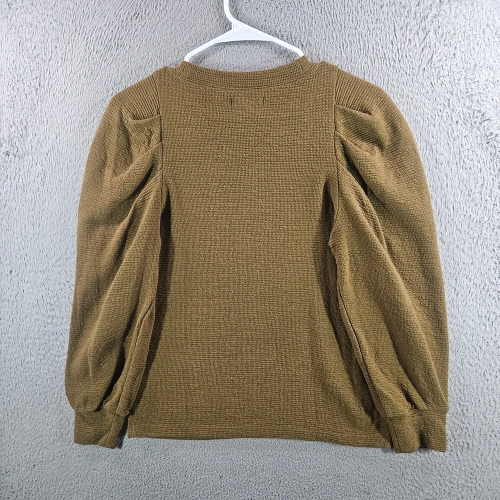 Madewell Womens Small Brown Waffle Knit Puff Sleeve Top Pleated Shoulder
